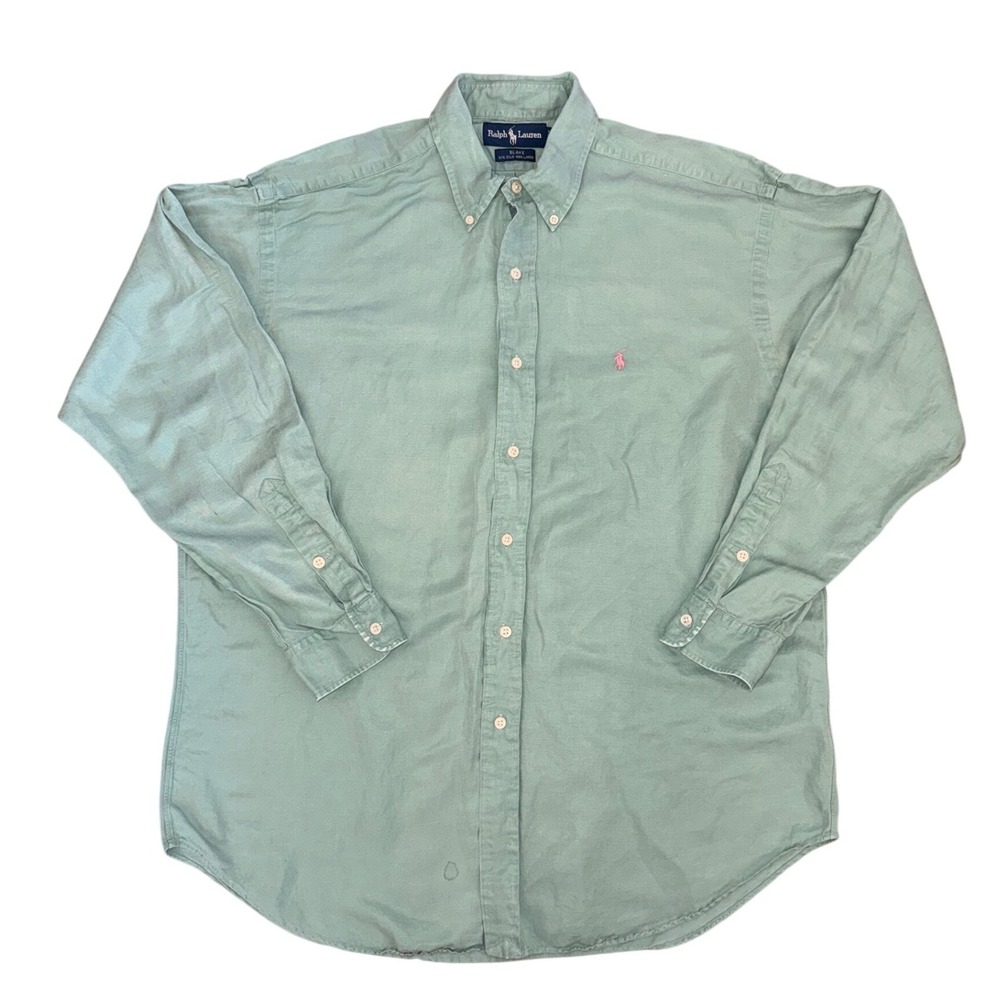 Polo Ralph Lauren Blake Silk Linen Shirt Mens Large Seafoam Green Pink Pony Logo